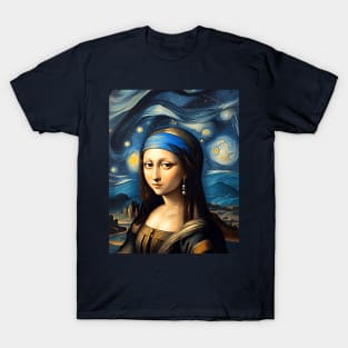 Mona Lisa with a Pearl Earring under The Starry Night T-Shirt